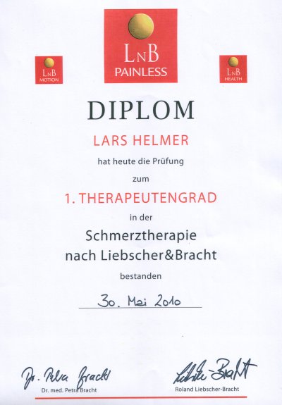 Diplom zum 1. Therapeutengrad in der Schmerztherapie nach Liebscher & Bracht